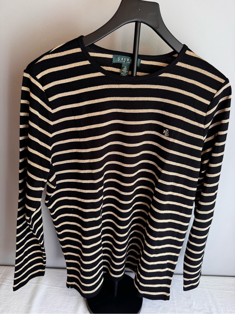 Lauren Ralph Lauren Black & Gold Striped Crewneck Top 1X